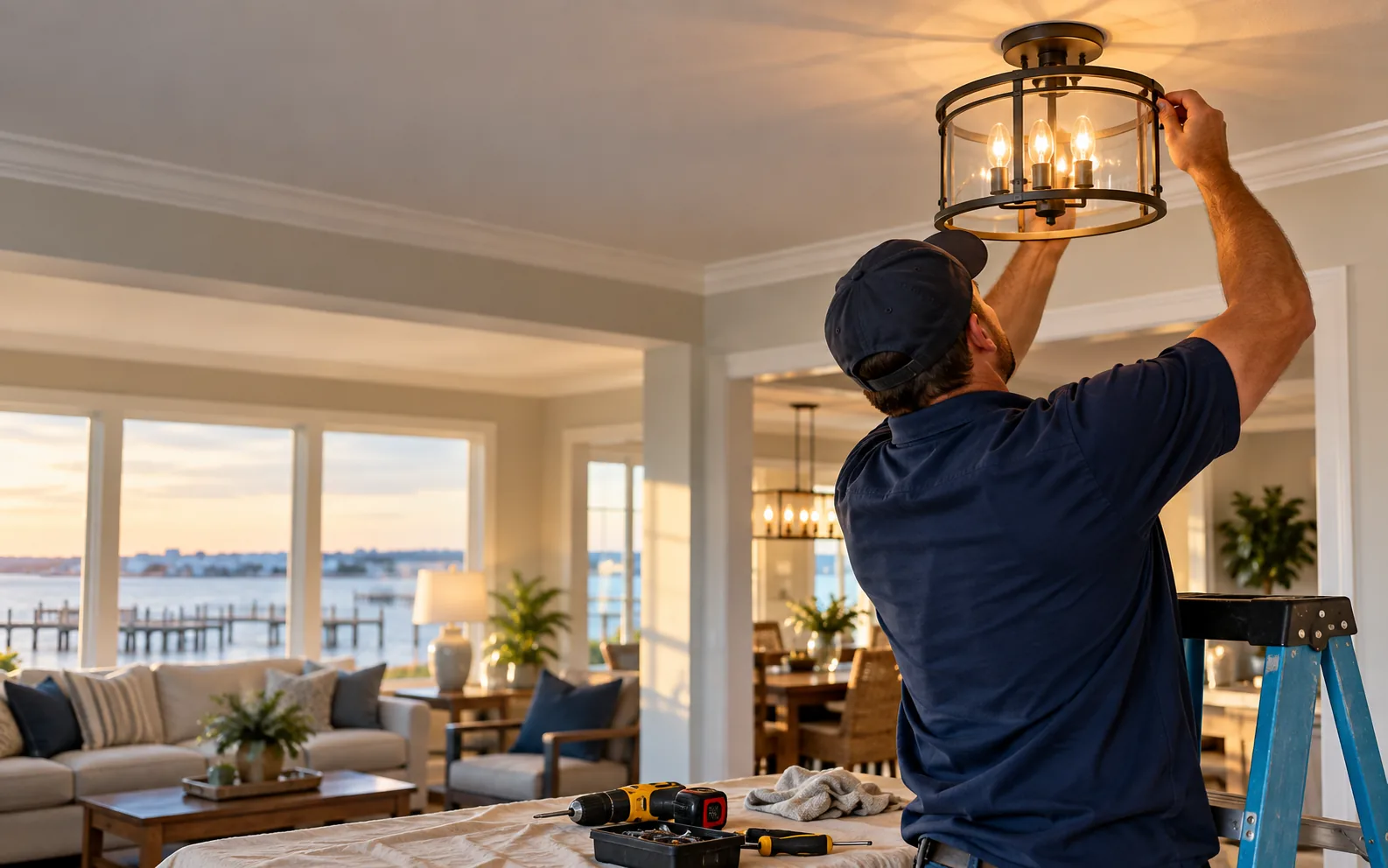 Illustration of a handyman installing a light fixture inside a home